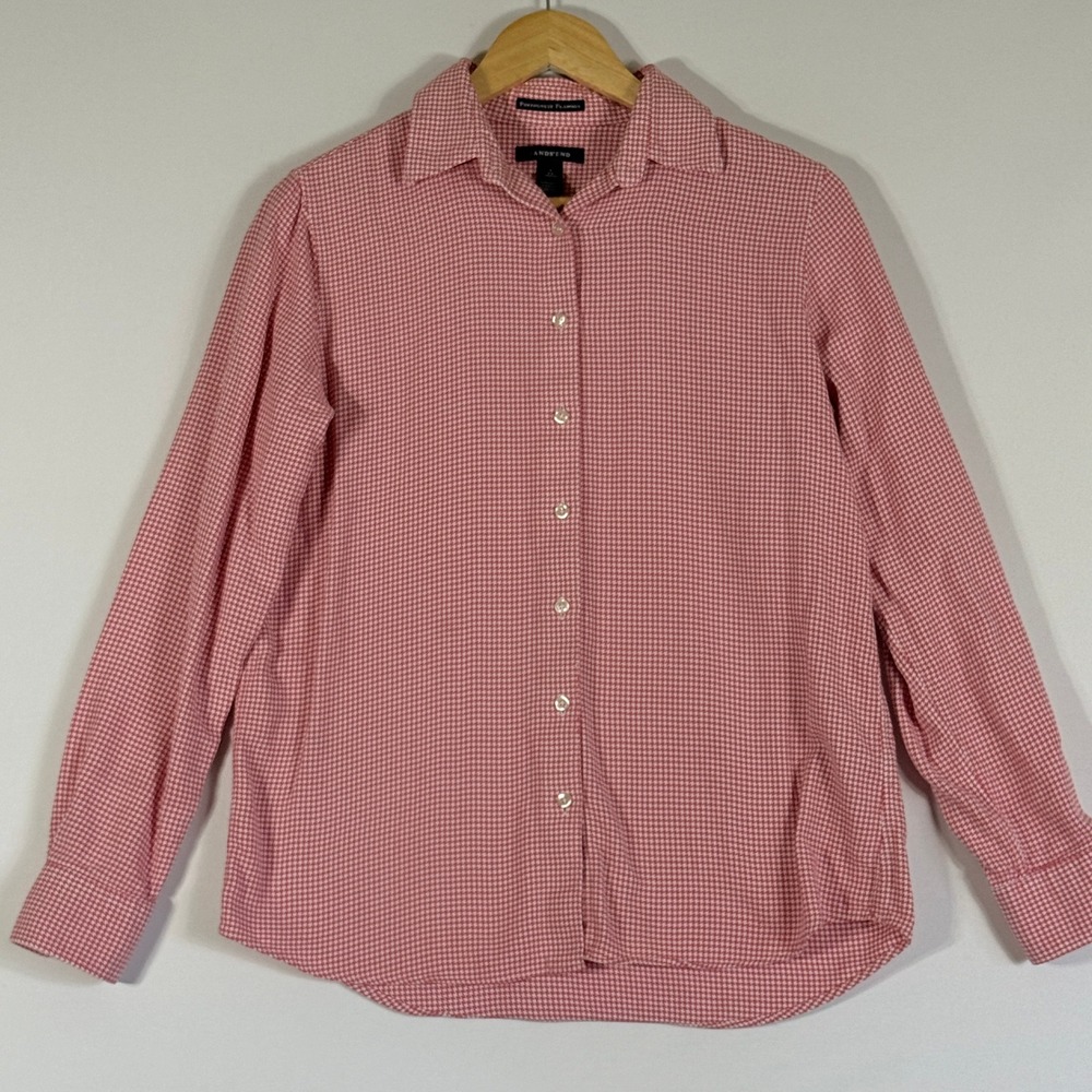 Lands End Small 6 8 Portuguese‎ Flannel Shirt Pink White Houndstooth Womens Cozy